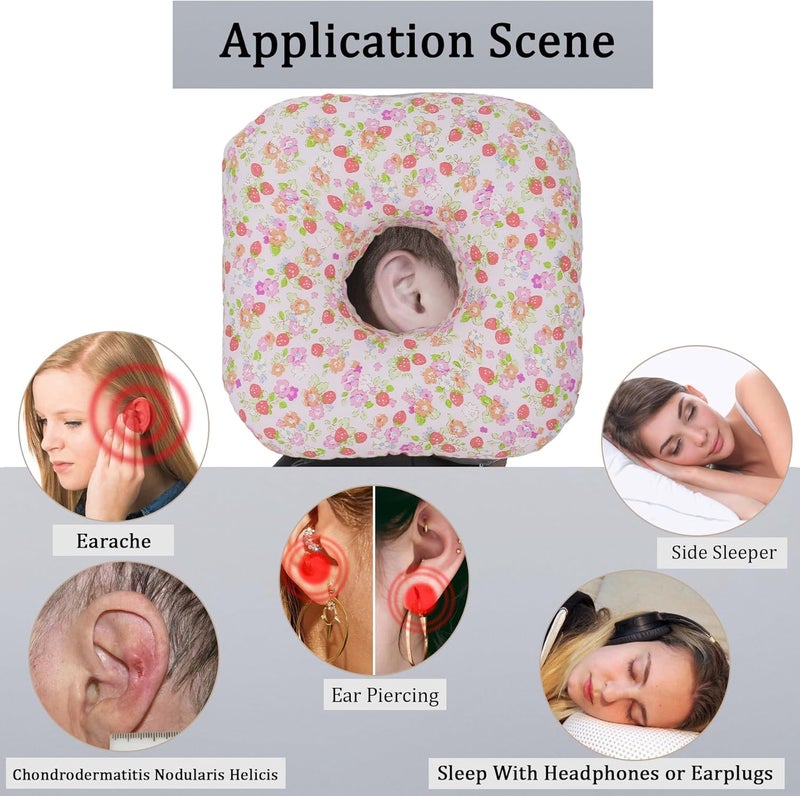 Wuronsa Ear Piercing Pillow for Side Sleepers – O-Shaped Ear Relief Pillow with Ear Hole for CNH, Ear Pain & Pressure Relief (Pink Strawberry) - Image 2